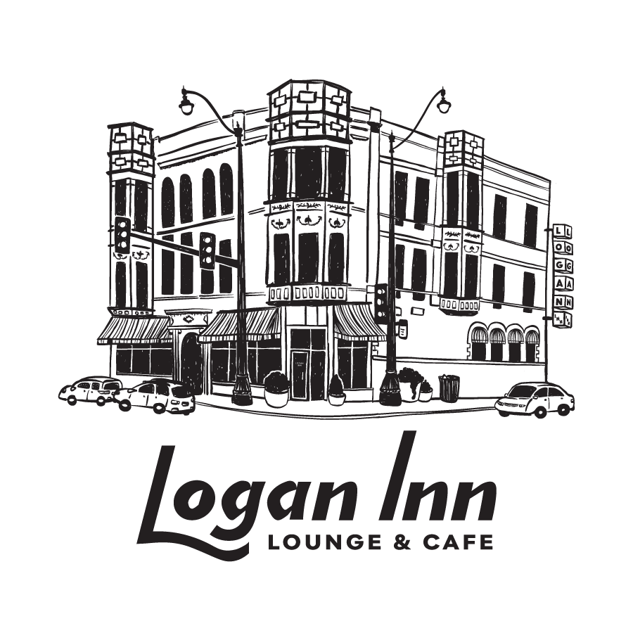 Logan Inn — Lounge & Cafe. Line illustration of the Logan Inn building in Logan Square, Chicago, above the Logan Inn wordmark